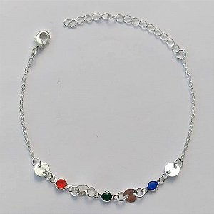 PULSEIRA FOLHEADA A PRATA COM 50 MILÉSIMOS + VERNIZ DIAMOND - PULSEIRA 16CM + EXTENSOR COM PEDRA CRISTAIS COLORIDAS E BOLINHAS LISAS - (PRA275) PRPS001145