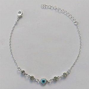 PULSEIRA FOLHEADA A PRATA COM 50 MILÉSIMOS + VERNIZ DIAMOND - PULSEIRA 16CM + EXTENSOR COM STRASS E OLHO GREGO - (PRA276) PRPS001146