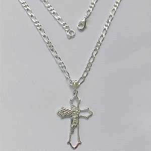 GARGANTILHA FOLHEADA A PRATA COM 80 MILÉSIMOS + VERNIZ CATAFORÉTICO - GARGANTILHA CORRENTE 2X2 48CM PINGENTE CRUCIFIXO FACE DE CRISTO 40X26MM - LARGURA 3MM E FECHO LAGOSTA (PRA284) PRGG001424