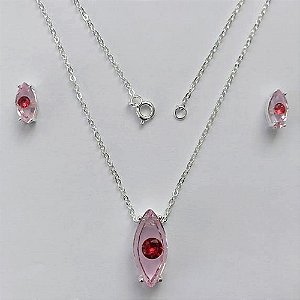 CONJUNTO FOLHEADO A PRATA COM 50 MILÉSIMOS  + VERNIZ DIAMOND CORRENTE CADEADO 40CM COM ZIRCÔNIA ROSA 9MM E  BRINCOS PINO COM ZIRCÔNIA ROSA 5MM (PRA295) PRCJ000191
