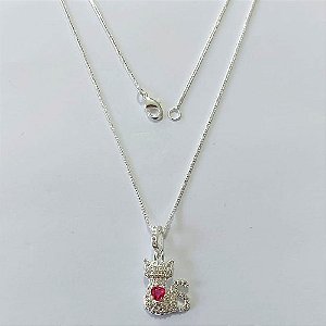 GARGANTILHA FOLHEADA A PRATA COM 50 MILÉSIMOS + VERNIZ DIAMOND - GARGANTILHA CORRENTE VENEZIANA PINGENTE GATO COM MICRO ZIRCÔNIAS 13MM - PRGG001431
