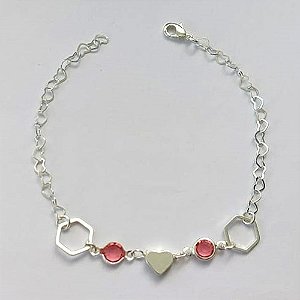 PULSEIRA FOLHEADA A PRATA COM 50 MILÉSIMOS + VERNIZ DIAMOND - PULSEIRA COM CORAÇÃO E PEDRA CRISTAL ROSA - TAMANHO: 19CM E  FECHO LAGOSTA (PRA313) PRPS001152