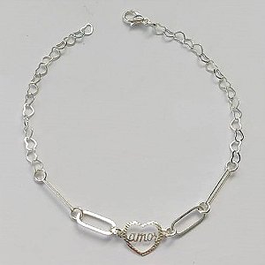 PULSEIRA FOLHEADA A PRATA COM 50 MILÉSIMOS + VERNIZ DIAMOND - PULSEIRA COM CORAÇÃO VAZADO AMOR - TAMANHO: 19CM E  FECHO LAGOSTA (PRA315) PRPS001154