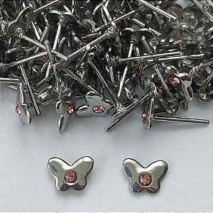 BRINCO EM AÇO INOXIDÁVEL - BRINCO DE PINO BORBOLETA COM ZIRCÔNIA ROSA 7MM  - COMPOSIÇÃO: AÇO INOXIDÁVEL - (AÇO1891) ACBR000334