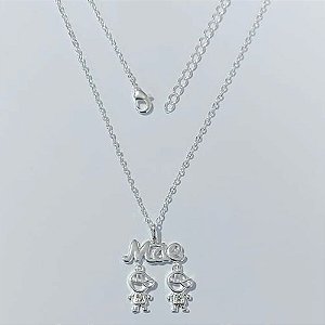 GARGANTILHA FOLHEADA A PRATA COM 50 MILÉSIMOS + VERNIZ DIAMOND - GARGANTILHA CORRENTE CADEADO CANGA MÃE COM 2 MENINOS COM MICRO ZIRCÔNIAS 18MM - PRGG001435