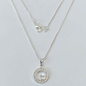 GARGANTILHA FOLHEADA A PRATA COM 50 MILÉSIMOS + VERNIZ DIAMOND - GARGANTILHA CORRENTE 45CM PINGENTE REDONDO VAZADO COM CORAÇÃO E MICROS ZIRCÔNIAS 14MM - FECHO LAGOSTA - PRGG001435