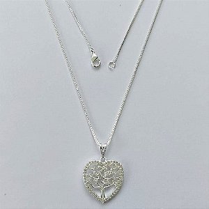 GARGANTILHA FOLHEADA A PRATA COM 50 MILÉSIMOS + VERNIZ DIAMOND - GARGANTILHA CORRENTE 45CM PINGENTE CORAÇÃO ÁRVORE DA VIDA COM MICRO ZIRCÔNIAS 17MM - FECHO LAGOSTA (PRA365) PRGG001435