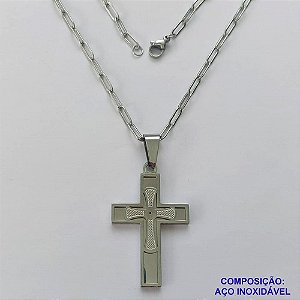 GARGANTILHA EM AÇO INOXIDÁVEL - (12753) GARGANTILHA COM CORRENTE 60CM E PINGENTE CRUCIFIXO DUPLO E DESENHADO 19X36MM - COMPOSIÇÃO: AÇO INOXIDÁVEL - (AÇO1982) ACGG000422