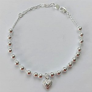 PULSEIRA FOLHEADA A PRATA COM 50 MILÉSIMOS + VERNIZ DIAMOND - PULSEIRA COM BOLINHAS E CORAÇÃO DESENHADO - TAMANHO: 17CM E  FECHO LAGOSTA (PRA404) PRPS001156