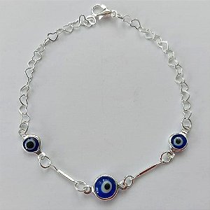 PULSEIRA FOLHEADA A PRATA COM 50 MILÉSIMOS + VERNIZ DIAMOND - PULSEIRA COM OLHOS GREGOS - TAMANHO: 18CM E  FECHO LAGOSTA (PRA405) PRPS001157