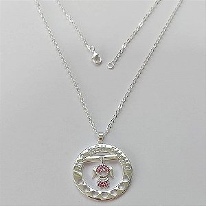 GARGANTILHA FOLHEADO A PRATA COM 50 MILÉSIMOS + VERNIZ DIAMOND - GARGANTILHA CORRENTE CADEADO 45CM PINGENTE MENINA AMO MEU FILHO 31MM + FECHO LAGOSTA - (PRA413) PRGG001440