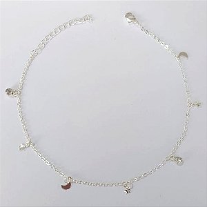 TORNOZELEIRA FOLHEADA A PRATA COM 50 MILÉSIMOS + VERNIZ DIAMOND - TORNOZELEIRA 22CM COM ESTRELA E LUA COM STRASS - FECHO LAGOSTA (PRA430) PRTO000131