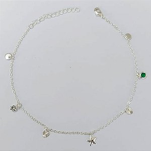 TORNOZELEIRA FOLHEADA A PRATA COM 50 MILÉSIMOS + VERNIZ DIAMOND - TORNOZELEIRA 22CM COM ESTRELA E CORAÇÃO COM STRASS - FECHO LAGOSTA (PRA431) PRTO000132