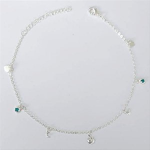 TORNOZELEIRA FOLHEADA A PRATA COM 50 MILÉSIMOS + VERNIZ DIAMOND - TORNOZELEIRA 22CM COM SOL E PEDRAS CRISTAIS VERDE- FECHO LAGOSTA + EXTENSOR (PRA433) PRTO000134