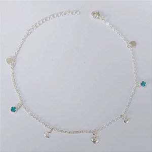 TORNOZELEIRA FOLHEADA A PRATA COM 50 MILÉSIMOS + VERNIZ DIAMOND - TORNOZELEIRA 22CM COM SOL E STRASS AZUÍS - FECHO LAGOSTA + EXTENSOR (PRA434) PRTO000135