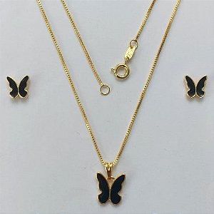 CONJUNTO FOLHEADO A OURO - BANHADO COM 5 MILÉSIMOS + VERNIZ DIAMOND - CONJUNTO COM CORRENTE VENEZIANA 45CM E BRINCOS DE PINO COM PINGENTE BORBOLETA PRETA 10MM- (OURO307)OUCJ000051