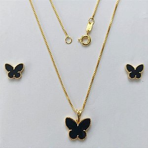 CONJUNTO FOLHEADO A OURO - BANHADO COM 5 MILÉSIMOS + VERNIZ DIAMOND - CONJUNTO COM CORRENTE VENEZIANA 45CM E BRINCOS DE PINO COM PINGENTE BORBOLETA PRETA 13MM- (OURO308) OUCJ000052