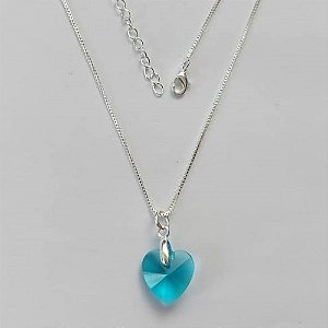 GARGANTILHA FOLHEADO A PRATA COM 50 MILÉSIMOS + VERNIZ DIAMOND - GARGANTILHA CORRENTE VENEZIANA 45CM PINGENTE CORAÇÃO CRISTAL AZUL 13MM  + FECHO LAGOSTA - (PRA445) PRGG001445