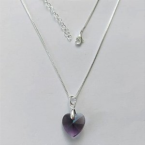 GARGANTILHA FOLHEADO A PRATA COM 50 MILÉSIMOS + VERNIZ DIAMOND - GARGANTILHA CORRENTE VENEZIANA 45CM PINGENTE CORAÇÃO LILÁS 13MM  + FECHO LAGOSTA - (PRA447) PRGG001447