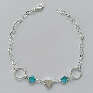 PULSEIRA FOLHEADA A PRATA COM 50 MILÉSIMOS + VERNIZ DIAMOND - PULSEIRA COM CORAÇÃO E PEDRA CRISTAL AZUL - TAMANHO: 19CM E  FECHO LAGOSTA (PRA478)) PRPS001161
