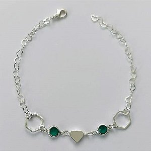 PULSEIRA FOLHEADA A PRATA COM 50 MILÉSIMOS + VERNIZ DIAMOND - PULSEIRA COM CORAÇÃO E PEDRA CRISTAL VERDE - TAMANHO: 19CM E  FECHO LAGOSTA (PRA482) PRPS001165