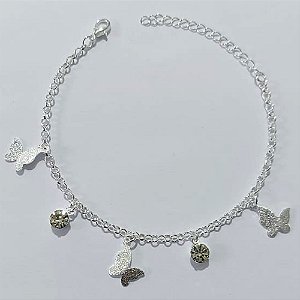 PULSEIRA FOLHEADA A PRATA COM 50 MILÉSIMOS + VERNIZ DIAMOND - PULSEIRA COM STRASS BRANCO E BORBOLETAS BRILHANTES - TAMANHO: 16CM PRPS001166