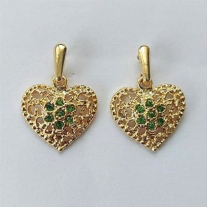 BRINCO FOLHEADO A OURO - BANHADO COM 5 MILÉSIMOS + VERNIZ DIAMOND - BRINCO DE PINO BASE LISA CORAÇÃO COM MICRO ZIRCÔNIAS 15MM - (OURO342) OUBR000255
