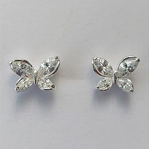 BRINCO FOLHEADA A PRATA COM 50 MILÉSIMOS + VERNIZ DIAMOND - BRINCO DE PINO BORBOLETA COM ZIRCÔNIAS 12MM (PRA491) PRBR001233