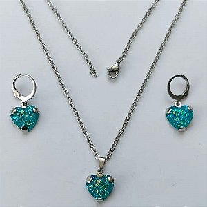CONJUNTO EM AÇO INOXIDÁVEL - (AÇO03) CONJUNTO COM CORRENTE 50CM E BRINCOS ARGOLINHA DE PRESSÃO COM PINGENTES CORAÇÃO EM CRISTAL COM GLITTER 12MM - COMPOSIÇÃO: AÇO INOXIDÁVEL - (AÇO2080) ACCJ000107