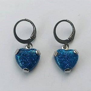 BRINCO EM AÇO INOXIDÁVEL -  BRINCOS ARGOLINHA DE PRESSÃO COM CORAÇÃO EM CRISTAL COM GLITTER AZUL ESCURO 12MM - COMPOSIÇÃO: AÇO INOXIDÁVEL - (AÇO2082)ACBR000347