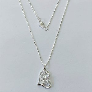 GARGANTILHA FOLHEADA A PRATA COM 50 MILÉSIMOS + VERNIZ DIAMOND - GARGANTILHA CORRENTE VENEZIANA 45CM PINGENTE CORAÇÃO COM ZIRCÔNIA CRISTAL 21MM PRGG001481