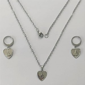 CONJUNTO EM AÇO INOXIDÁVEL - (AÇO03C) - CONJUNTO COM CORRENTE 50CM E BRINCOS ARGOLINHA DE PRESSÃO COM PINGENTES NOSSA SENHORA APARECIDA FORMATO CORAÇÃO 10MM - COMPOSIÇÃO: AÇO INOXIDÁVEL - (AÇO2111) ACCJ000114
