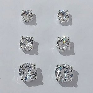 TRIO DE BRINCO FOLHEADA A PRATA COM 50 MILÉSIMOS + VERNIZ DIAMOND - TRIOS DE BRINCOS REDONDO COM ZIRCÔNIAS 8/6/5MM PRBR001305