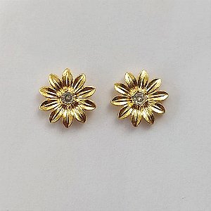 BRINCO FOLHEADO A OURO - BANHADO COM 5 MILÉSIMOS + VERNIZ DIAMOND - (BDK021) BRINCO DE PINO FLOR COM ZIRCÔNIA CRISTAL 14MM (OURO375) OUBR000272