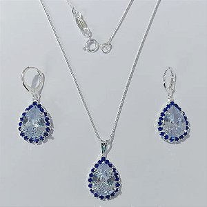 CONJUNTO FOLHEADA A PRATA COM 50 MILÉSIMOS + VERNIZ DIAMOND - CORRENTE VENEZIANA 45CM + EXTENSOR E FECHO LAGOSTA - BRINCOS ARGOLINHA DE PRESSÃO E PINGENTES COM BASES CRAVEJADAS EM CRISTAIS AZUÍS E ZIRCÔNIA CRISTAL 10X14MM (PRA577)PRCJ000200