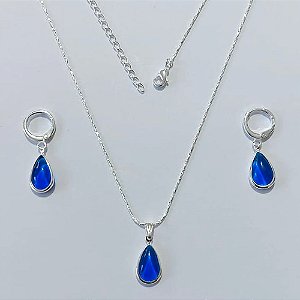 CONJUNTO FOLHEADA A PRATA COM 50 MILÉSIMOS + VERNIZ DIAMOND - CORRENTE L-11 PINGENTE E BRINCO GOTA AZUL 9MM PRCJ000200
