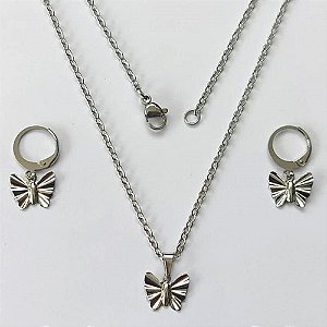 CONJUNTO EM AÇO INOXIDÁVEL - CONJUNTO COM CORRENTE 45CM (AÇO03C) BRINCO ARGOLINHA DE PRESSÃO E PINGENTE BORBOLETA 11MM - COMPOSIÇÃO: AÇO INOXIDÁVEL - (AÇO2182) ACCJ000116