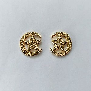 BRINCO FOLHEADO A OURO - BANHADO COM 5 MILÉSIMOS + VERNIZ DIAMOND - BRINCO DE PINO LUA E ESTRELA 12MM - (OURO481) OUBR000321