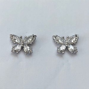 BRINCO DE PINO FOLHEADO A RODHIUM - BORBOLETA CRAVEJADA EM ZIRCÔNIAS 12X15MM - (BIJU00033) PRBJ000013