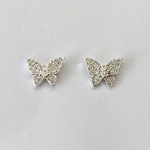 BRINCO FOLHEADO A PRATA COM 50 MILÉSIMOS + VERNIZ DIAMOND - BRINCO DE PINO BORBOLETA COM ZIRCÔNIAS 8MM - (PRA619) PRBR001329