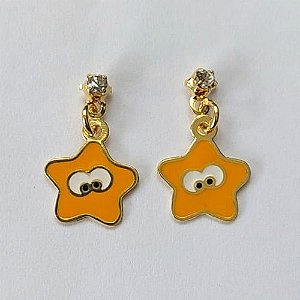 BRINCO FOLHEADO A OURO - BANHADO COM 5 MILÉSIMOS + VERNIZ DIAMOND - BRINCO DE PINO BASE COM PEDRA EM ZIRCÔNIA E PINGENTE ESTRELA 10MM - (OURO583) OUBR000377