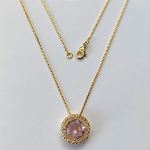 GARGANTILHA FOLHEADA A OURO - COM CORRENTE VENEZIANA 45CM E PINGENTE CRAVEJADO COM MICRO ZIRCÔNIAS E ZIRCÔNIA ROSA 10MM (OURO637) OUGG000144