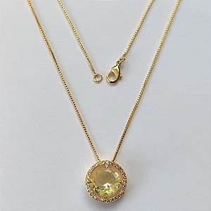 GARGANTILHA FOLHEADA A OURO - COM CORRENTE VENEZIANA 45CM E PINGENTE CRAVEJADO COM MICRO ZIRCÔNIAS E ZIRCÔNIA AMARELA 10MM (OURO630) OUGG000172