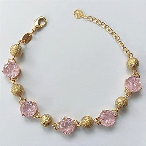 PULSEIRA FOLHEADA A OURO - BANHADO COM 5 MILÉSIMOS + VERNIZ DIAMOND - PULSEIRA COM BASE DE ALTA FUSÃO E ZIRCÔNIAS ROSAS E BOLINHAS VAZADAS 10MM - TAMANHO: 18CM - FECHO LAGOSTA (OURO671) OUPS000097