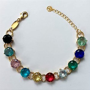 PULSEIRA FOLHEADA A OURO - BANHADO COM 5 MILÉSIMOS + VERNIZ DIAMOND - PULSEIRA COM BASE DE ALTA FUSÃO E ZIRCÔNIAS COLORIDAS 10MM - TAMANHO: 18CM - FECHO LAGOSTA (OURO670) OUPS000096