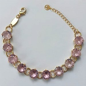 PULSEIRA FOLHEADA A OURO - BANHADO COM 5 MILÉSIMOS + VERNIZ DIAMOND - PULSEIRA COM BASE DE ALTA FUSÃO E ZIRCÔNIAS ROSAS 10MM - TAMANHO: 18CM - FECHO LAGOSTA (OURO667) OUPS000094