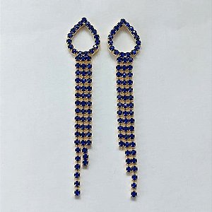 BRINCO FOLHEADO A OURO - BANHADO COM 5 MILÉSIMOS + VERNIZ DIAMOND - BRINCO DE PINO GOTA VAZADA TODA EM ZIRCÔNIAS AZUIS - (OURO774) OUBR000402