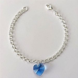 PULSEIRA FOLHEADA A PRATA COM 50 MILÉSIMOS + VERNIZ DIAMOND - CORRENTE ELOS DUPLOS E PINGENTE CORAÇÃO AZUL EM VIDRO - TAMANHO: 18CM E FECHO LAGOSTA - (PRA723) PRPS001201