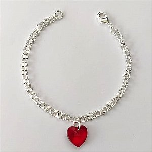 PULSEIRA FOLHEADA A PRATA COM 50 MILÉSIMOS + VERNIZ DIAMOND - CORRENTE ELOS DUPLOS E PINGENTE CORAÇÃO VERMELHO EM VIDRO - TAMANHO: 18CM E FECHO LAGOSTA - (PRA722) PRPS001202