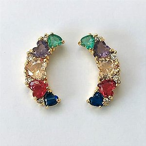 BRINCO FOLHEADO A OURO COM VERNIZ DIAMOND - BRINCO DE PINO MEIA LUA COM ZIRCÔNIAS COLORIDAS 21MM - (OURO811) OUBR000417